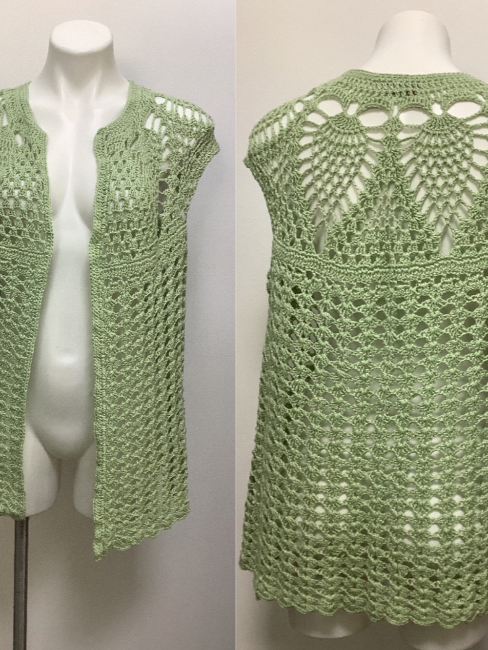 Handmade Crochet Light Green Open Front Vest Boho Cottagecore Layering Piece
